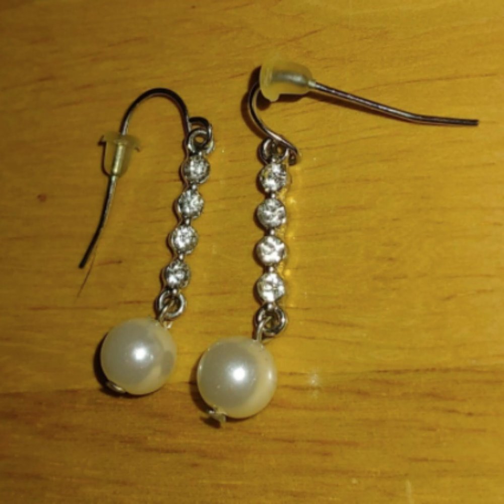 Silver Tone CZ Strand and "Pearl" Dangle Earrings